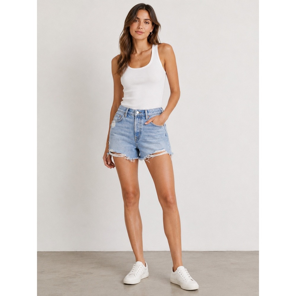 GRLFRND Eliana High Rise Cut Off Denim Shorts Womens 27 Light Wash Distressed